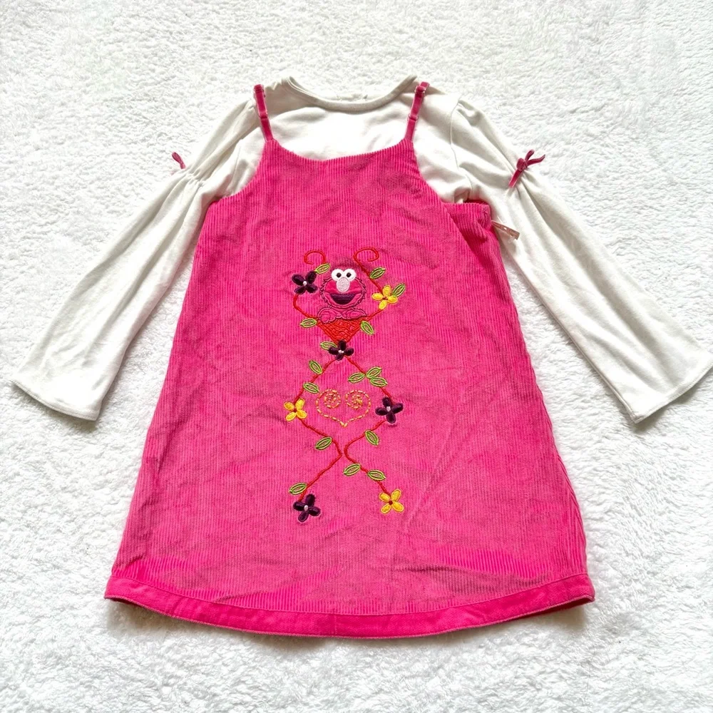 Vintage Sesame Street Elmo Girls Dress Tops Set Pink 5T Flowers New